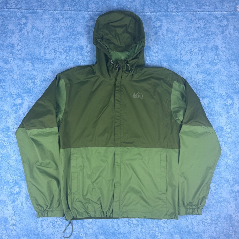 REI Co-op Rainier Rain Jacket Mens Small Green Colorblock Hooded Shell 217400
